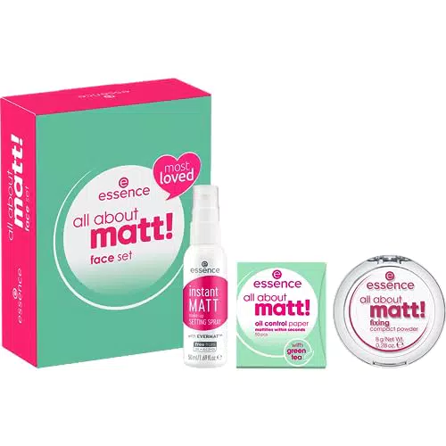 essence all about matt! - Set con cipria opacizzante, salviette sebo assorbenti e spray fissante