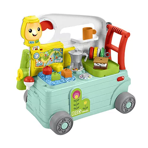 Fisher-Price - Ridi e Impara Camper 3-in-1, Giocattolo a Spinta per Primi Passi e Centro attività Musicale