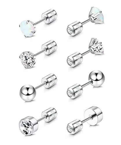 JeweBella 4 Paia Set Orecchini Donna Piccoli in Acciaio Chirurgico Anallergici Cartilagine Orecchini a Bottone Opale Zirconia Helix Piercing Orecchini Punto Luce Donna Uomo 4/6M