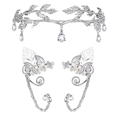 JeweBella Orecchini Elfo Tiara per Donna Argento Orecchini Polsini Foglie Diadema da Elfo Corona Orecchini Clip Set per Halloween Costume Cosplay Matrimonio