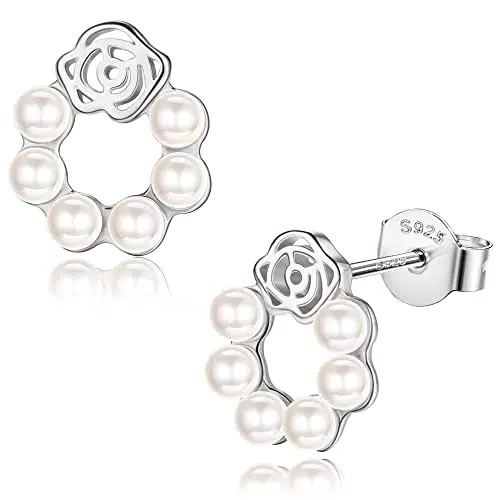 JeweBella Orecchini Perle per Donna Ragazze in Argento Sterling 925 Anallergici Orecchini Perle Bianche Fiore Orecchini Eleganti Ipoallergenico Orecchini con Perle Argento/Oro/Oro Rosa