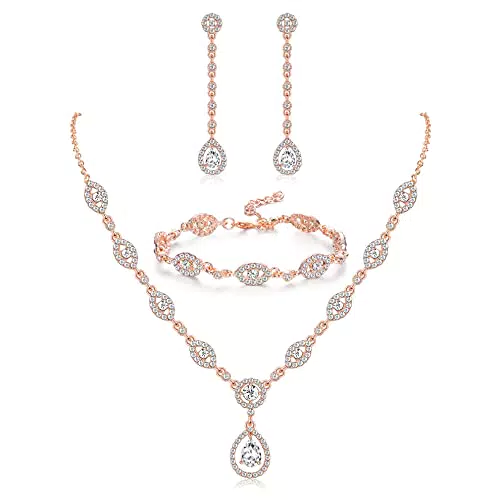JeweBella Set di Gioielli da Sposa per Donna Collana di Cristallo a Goccia Sposa Orecchini Cristallo Bracciale Fidanzamento Nozze Sposa Damigella d'Onore Parure Gioielli Blu/Argento/Rosso/Oro Rosa