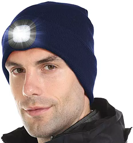 JFAN Cappello Lavorato A Maglia da Uomo Unisex LED con Torcia Inverno Tinta Unita Illuminato Sci Caldo Cappello in Pelle di Melone Beanie cap Marine Taglia Unica