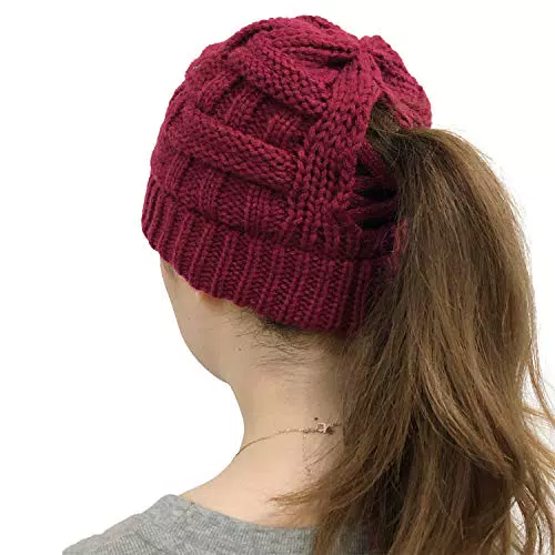 JFAN Donne Maglia Cappello Inverno Calore cap Soffice Beanie Outdoor Cappello Coda Cavallo Fodera Hat Taglia Unica Vino Rosso