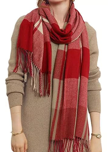 JFAN Invernale Sciarpa Donna Lungo Nappe Sciarpa Calda Cashmere Scarf al Collo Elegante Scialle Scacchi Rosso Taglia Unica