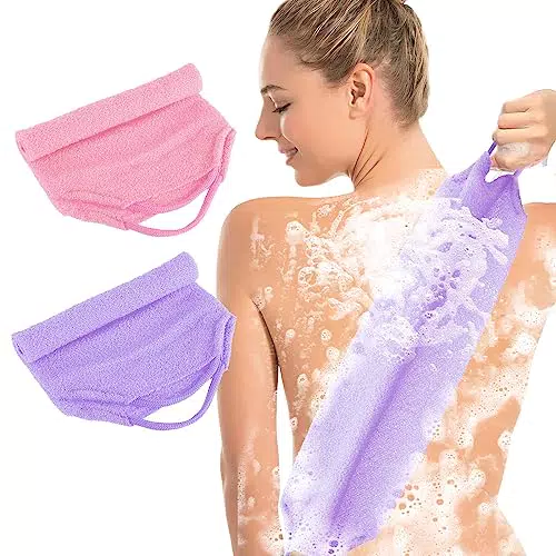 Lusofie 2 Pezzi Asciugamano Esfoliante per il Bagno Scrub Esfoliante per la Schiena Asciugamano Esteso per il Corpo Naturale per la Schiena con Manici per Bagno Doccia Uomini e Donne