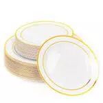 Matana - 60 Eleganti Piatti in Plastica Bianchi con Bordo Dorato - Resistenti e Riutilizzabili - Matrimoni