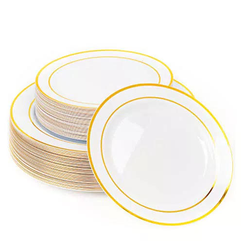Matana - 60 Eleganti Piatti in Plastica Bianchi con Bordo Dorato - Resistenti e Riutilizzabili - Matrimoni