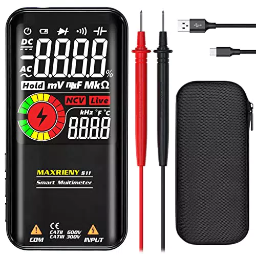 MAXRIENY Multimetro Digitale Tester Multimeter Ricaricabile Voltmetro 9999 conteggi Intelligente Ohmmetro Capacitanza resistenza Frequenza Continuità Diodo Ciclo di lavoro V-Alert Tester di tensione