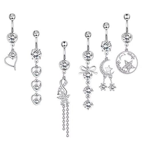 Milacolato 14g Anelli Dell'Ombelico Penzolano Per le Donna Anelli Pancia lunga SuPer Carina Anelli Ombelico Gioielli Chirurgici in Acciaio Piercing Argento