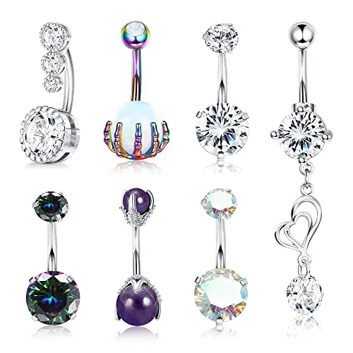 Milacolato 14G Anelli Dell'Ombelico per le Donna 316L Acciaio Chirurgico Scintillante CZ Navel Ring Scheletro mano Opale Bilanciere Corpo Piercing Gioielli 7 Pezzi