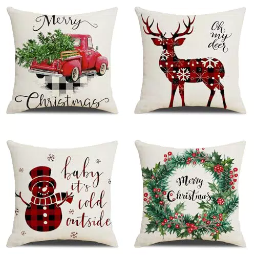 Msutree Set di 4 federe per cuscino natalizio, 45 x 45 cm