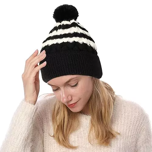 NLAND Cappello Invernale da Donna con Pom Pom Lavorato a Maglia Sci Beanie Fodera in Pile Spesso Caldo Snow Knit Chunky Baggy Skull Berretto Cappello Morbido in Lana