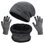 Petrunup Set di Berretto Guanti e Sciarpe da Uomo, 3Pcs Slouch Beanie Snood e Guanti Touchscreen Invernale con Fodera