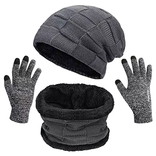 Petrunup Set di Berretto Guanti e Sciarpe da Uomo, 3Pcs Slouch Beanie Snood e Guanti Touchscreen Invernale con Fodera