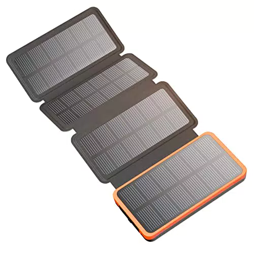 Powerbank Solare 25000mAh Hiluckey Caricabatterie Solare Portatile con USB C Ricarica Rapida e 4 Pannelli Solari Impermeabile Batteria Esterna per Smartphone