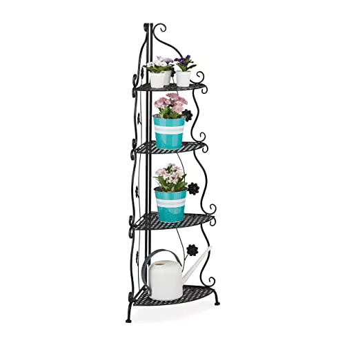 Relaxdays Scaffale Portafiori in Metallo, Fioriera Interno ad Angolo con 4 Mensole Porta Piante