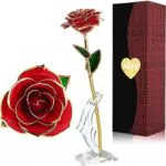 Rosa artificiale rosso e oro con supporto trasparente e scatola regalo