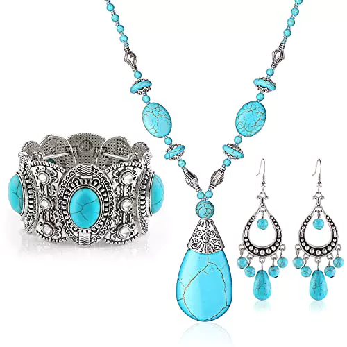 Set di Gioielli Boho Turchese Jewelry Set Boho Vintage Pendente Orecchini Bracciale Collana Western Boho Jewelry Set Stile Etnico Donna