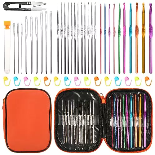 Set Uncinetto 54 Pezzi Uncinetti in Metallo Colorato Uncinetti Piccoli con Segnapunti Ago da Cucito con Cruna Grande con Borsa per il Trasporto per Principianti e Amanti dell'Uncinetto