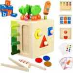 Taiqyfn Giochi Montessori 1 Anno, Giocattolo Legno 9 in 1 con Raccolta di Carote e Selezionatore di Forme per Abilità Motorie Migliora la Coordinazione Occhio-Mano