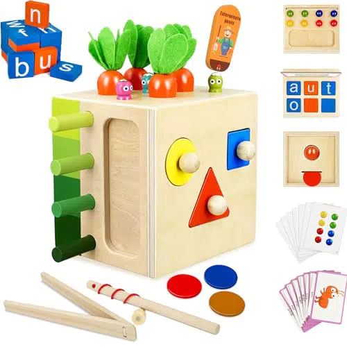 Taiqyfn Giochi Montessori 1 Anno, Giocattolo Legno 9 in 1 con Raccolta di Carote e Selezionatore di Forme per Abilità Motorie Migliora la Coordinazione Occhio-Mano
