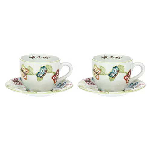 THUN - Set Tazzine caffè da 2, con Decorazione di Farfalle e Manico a Forma di Fiore - Accessori Cucina - Linea Farfalle in Festa - Porcellana - Piattino 12