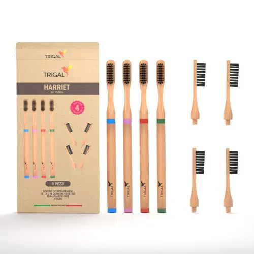 TRIGAL Spazzolino Bamboo Setole Morbide - Spazzolini Da Denti Legno Di Bambu Testine Intercambiabili
