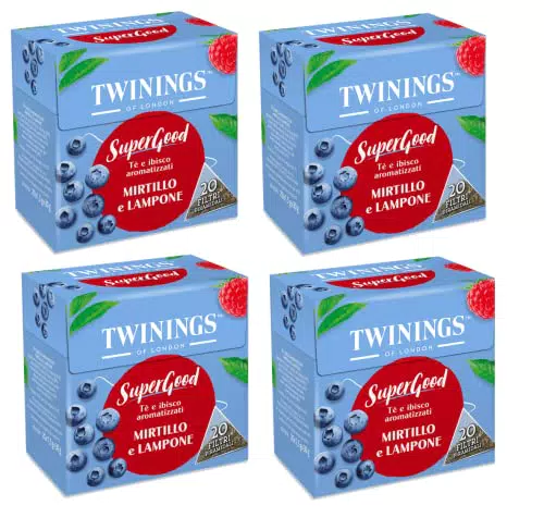 Twinings SuperGood - Tè Nero e Ibisco Aromatizzati con Mirtillo e Lampone - Miscela dalle Note Vivaci e Sofisticate - 4 x 20 Bustine
