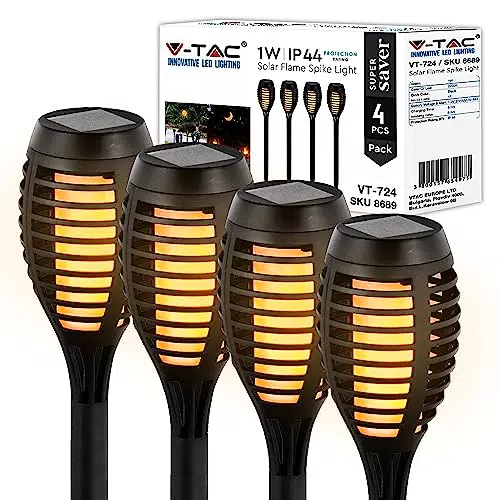 V-TAC Lampade Solari da Giardino - Torce LED con Pannello Solare - 4 Unità - Torcia LED con Effetto Fiamma Giardino