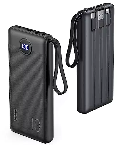 VRURC Power Bank slim 10000mAh con 4 cavi integrati Caricatore Portatile USB C Batteria Esterna Portatile LED Digitale Display con 4 uscite & 2 Ingressi compatibile con iPhone Huawei e Smartphone