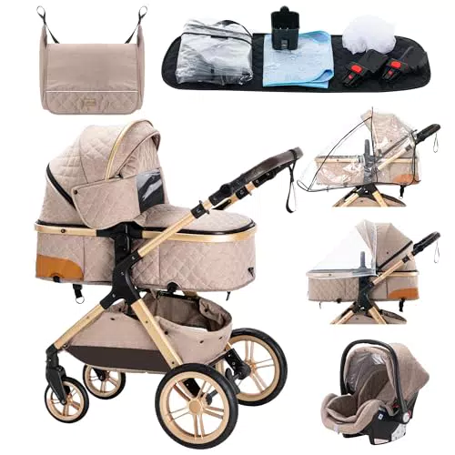 YAZOCO Passeggino Trio, 3 in 1 Carrozzina Multifunzionale Carrozzina Ovetto Pieghevole Set Passeggino Neonato Sedili Parapiedi Zanzariere