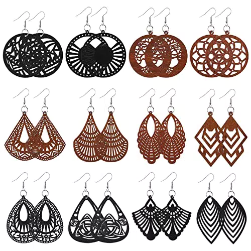 Yolev 12 paia di orecchini in legno orecchini pendenti africani orecchini boho pendenti orecchini in legno stile etnico accessori per gioielli da donna