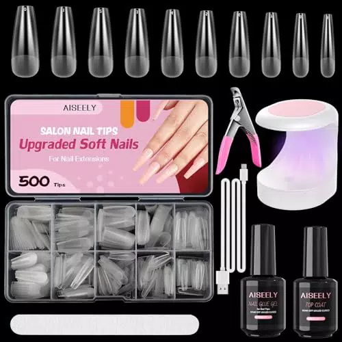 AISEELY Tip Unghie e Colla Gel Kit, 500 Pezzi Unghie Finte Tips Set con Gel per Colla