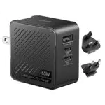 Alxum 65W Caricatore USB C - Caricatore da viaggio a 3 porte GaN con spina UK/EU/US e supporto per la ricarica rapida PD per laptop