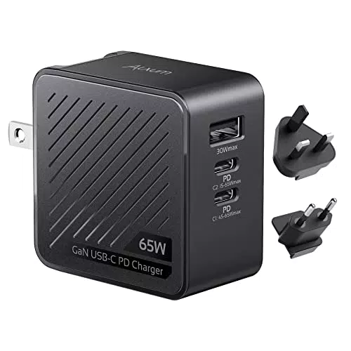 Alxum 65W Caricatore USB C - Caricatore da viaggio a 3 porte GaN con spina UK/EU/US e supporto per la ricarica rapida PD per laptop