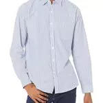 Amazon Essentials Camicia in popeline a maniche lunghe da uomo, righe bianco/blu