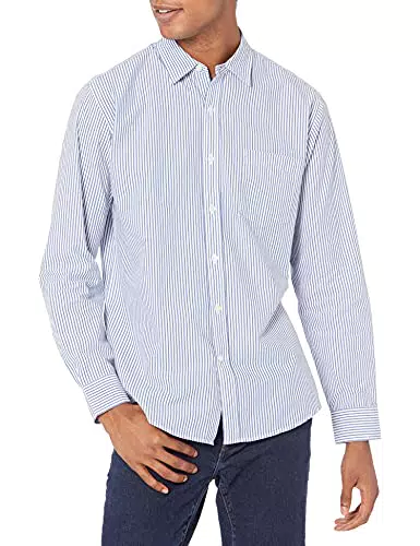 Amazon Essentials Camicia in popeline a maniche lunghe da uomo, righe bianco/blu