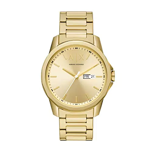 Armani Exchange Orologio a tre lancette Uomo, cassa in acciaio inossidabile riciclato da 44 mm in oro con bracciale in acciaio inossidabile