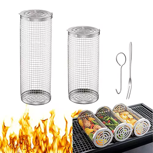 auvstar Griglia per Barbecue Cestino, Rotante Cestello Barbecue in Acciaio Inox 2 Pezzi