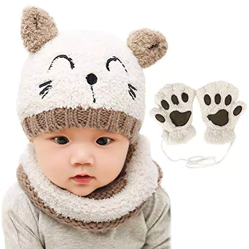 Bearbro Bambino Cappello Inverno, Infantile Invernale del Bambino ha Lavorato a Maglia Il Cappello con la Sciarpa Guanti 3 Pezzi Bebè Maschietto Ragazza
