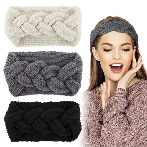 BOFUNX 3pcs Fascia Capelli Invernale Fasce per Capelli Donna Lana Fasce Capelli Largo Elastico Fascia per Capelli con Nodo Accessori per Capelli Donna Ragazza Inverno