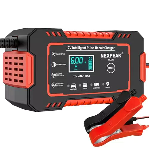 Caricabatteria da Auto, 6A 12V Caricatore Intelligente Moto con Schermo LCD Touch Screen Compensación de Temperatura per Tosaerba o Barca