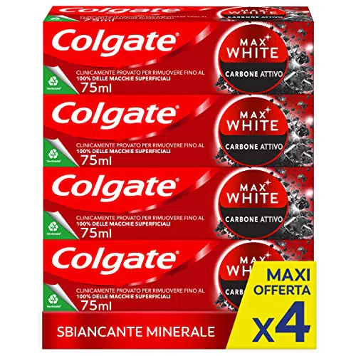 Colgate Dentifricio Sbiancante Max White Carbon 4 Confezioni da 75 ml I Dentifricio Minerale Delicato Al Carbone Attivo Per Denti Bianchil I Sbiancantemento denti I Bianco naturale