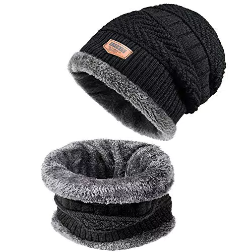 Czemo Cappello Uomo Invernale Berretto Uomo in Maglia con Sciarpa 2Pcs Inverno Caldo Cappello Knit All'aperto Peluche Ispessimento Maglia Cappello da Sci per l'inverno