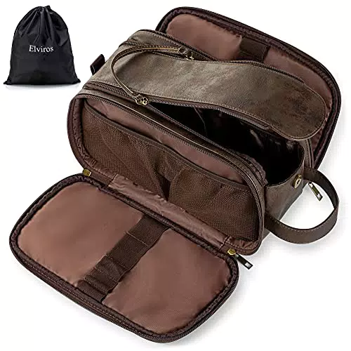 Elviros Borsa da Toilette grande da Viaggio Beauty case Borsa in pelle resistente all'acqua Organizer per Articoli da Toeletta con Borsa Asciutta Bagnata Gratuita