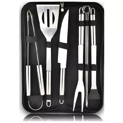 fakiku Kit Barbecue - Set Utensili Da Cucina Acciaio Per Grigliare o Arrostire Al Camino Carbonella Legna - Accessori Barbecue + Borsa