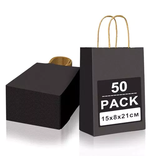Gucass 50 Pezzi Sacchetti Carta con Manici, Nera Borse Carta Kraft Sacchetti da Regalo Carta
