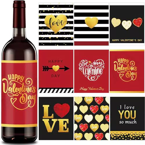 Haooryx 90pcs San Valentino Bottiglia di Vino Etichetta Adesivo 4* 5 Pollici 9 Disegni San Valentino Amore Tema Etichetta Adesivo Be My Valentine Bottiglia di Vino Decorazione San Valentino Forniture