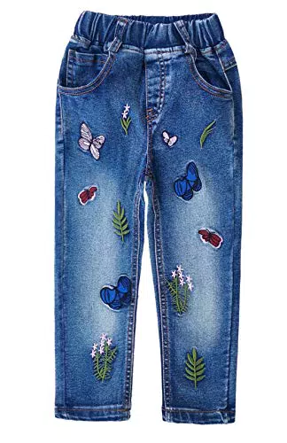KIDSCOOL SPACE Little Big Girls Ricamo Farfalla Erba Slim Jean Pantaloni 2blue Butterflies 34